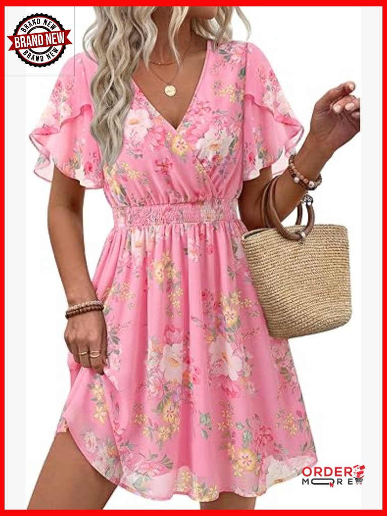 V-Neck Ruffle Sleeve Flowy Chiffon Boho Maxi Dress With Hidden Buttons